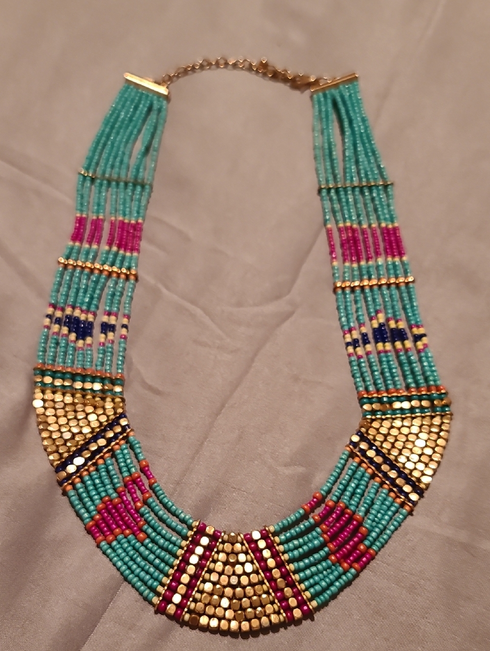 Bohemian Beaded Statement Necklace in Turquoise and Pink - Unbranded